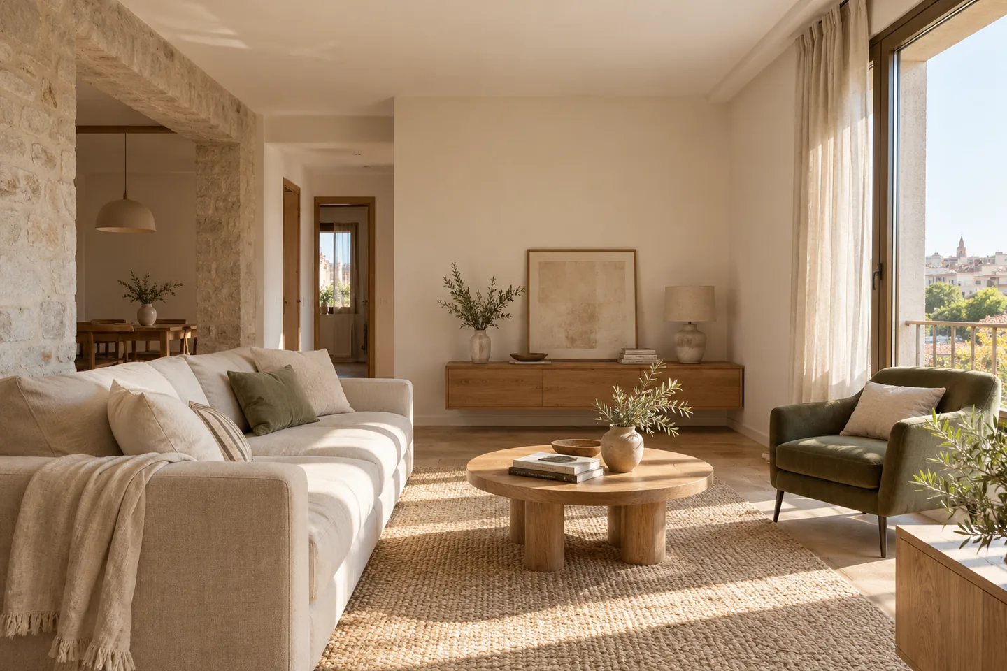 Salón luminoso en tonos naturales