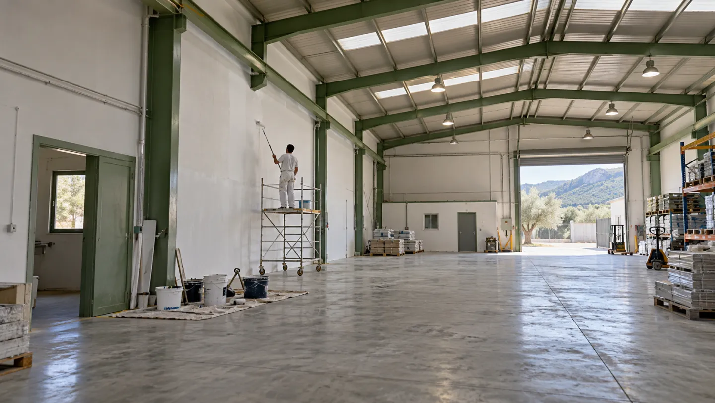 Nau industrial amb treballs de pintura